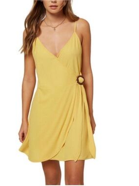 O'Neill Yellow Wrap Mini Dress with Buckle Accent